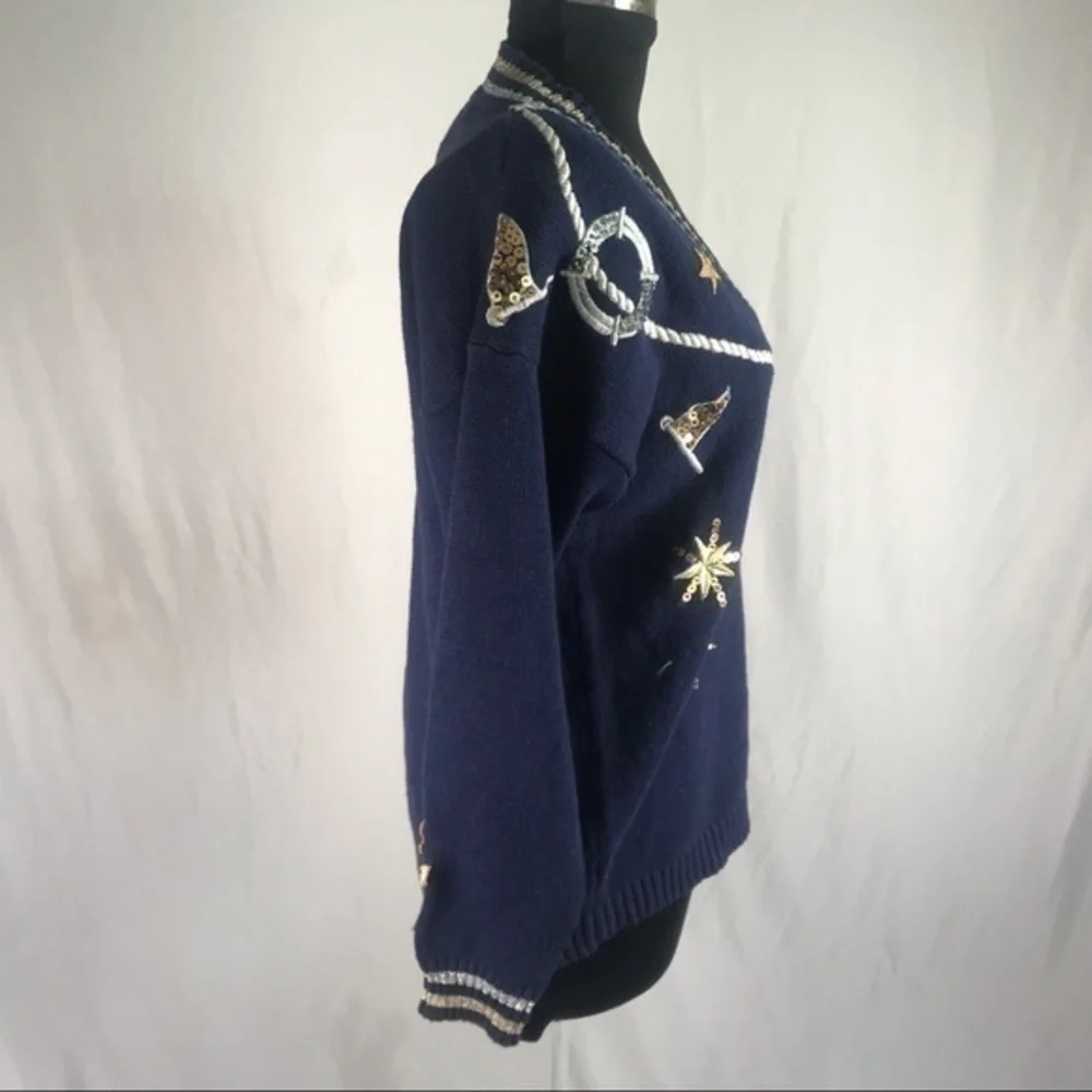 80’s Vintage ‘Joyce’ Nautical Theme Embellished V-Neck Sweater